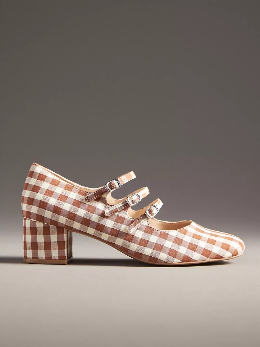 For Love And Lemons Brown and White Gingham Triple-Strap Block Heel Mary Janes